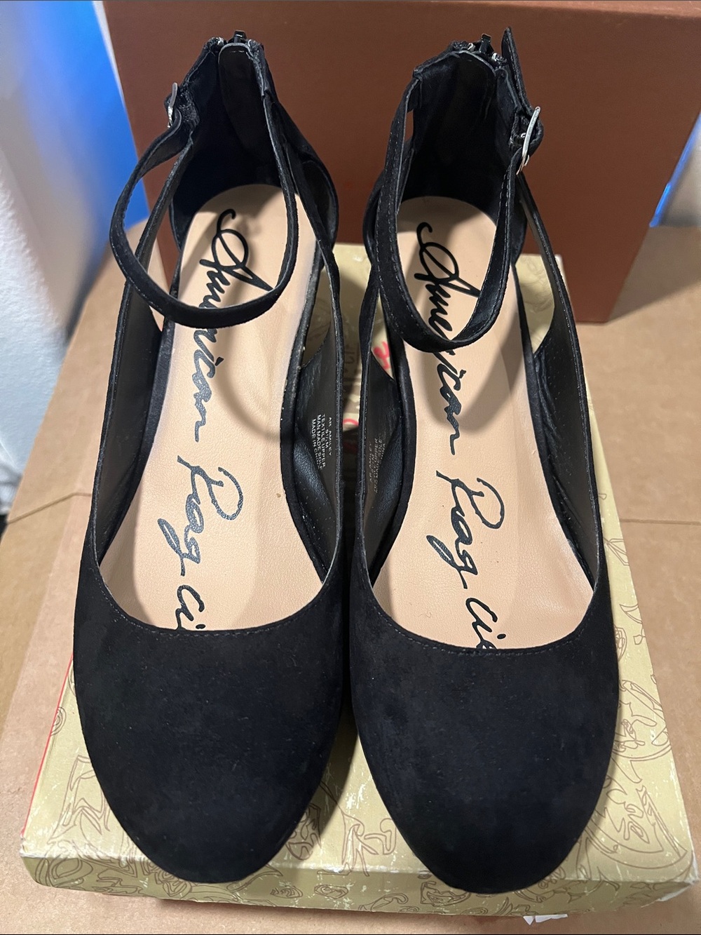 American Rag Black Suede Ankle-Strap Heels. Good Pre-Loved Condition.
